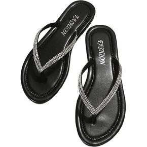 GORGLITTER Women's Rhinestone Sparkly Flat Sandals Open Toe Beach Slides Flip Flops