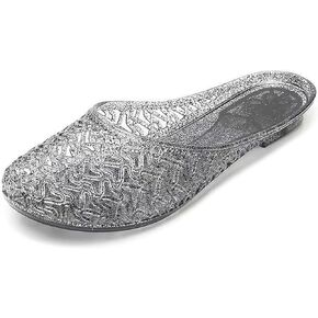 Women's Closed Toe Flat Jelly Slide Sandals Glitter Clear Hollow Out Slip On Summer Beach Mule Sandals Soft Anti-Slip Crystal Jelly Slippers