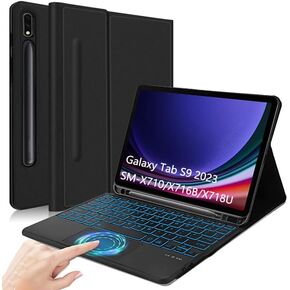 Backlit Touchpad Keyboard Case for Galaxy Tab S9/ S9 FE 5G Tablet 2023 with S Pen Holder, PU Leather Stand Cover with 7 Colors Backlight Bluetooth Keyboard for Tab S9 FE 10.9''/ S9 11'', Black
