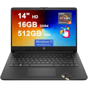 HP 14 Business Laptop Computer | 14" HD BrightView Multi-Touch | AMD 4-core Ryzen 3 5300U Processor (>i5-1135G7) | 16GB DDR4 1TB SSD | USB-C Long-Lasting Battery Win11Pro Black + HDMI Cable
