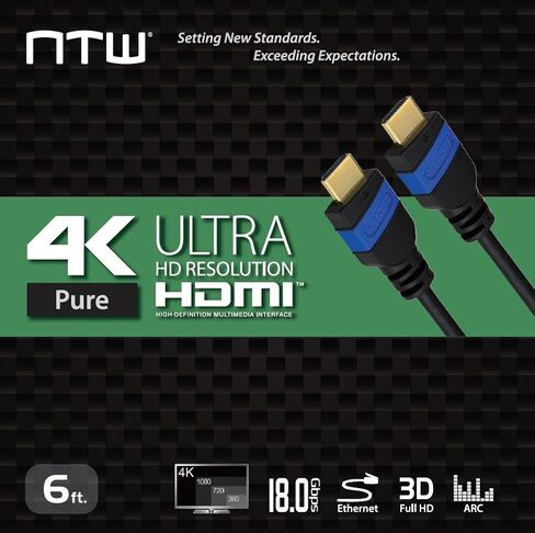 كابل NTW PURE Ultra 4K HDMI بطول 6 أقدام (2pk) كابل HDMI 2.0 عالي السرعة، 4K HDR، ثلاثي الأبعاد، 2160P، 1080P، إيثرنت - سلك HDMI، إرجاع الصوت (ARC) متوافق مع تلفزيون UHD، Blu-ray، PS5، PS4، Xbox، PC ‎شاشة-NHDMI4-006*2 in Kuwait