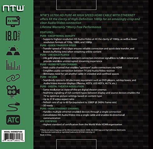 كابل NTW PURE Ultra 4K HDMI بطول 6 أقدام (2pk) كابل HDMI 2.0 عالي السرعة، 4K HDR، ثلاثي الأبعاد، 2160P، 1080P، إيثرنت - سلك HDMI، إرجاع الصوت (ARC) متوافق مع تلفزيون UHD، Blu-ray، PS5، PS4، Xbox، PC ‎شاشة-NHDMI4-006*2 in Kuwait