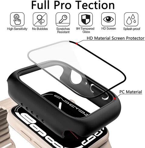 [عبوة من قطعتين متوافقة مع ساعة Apple Watch Series 7 مقاس 45 مم مع واقي شاشة مدمج من الزجاج المقوى (أسود 45 مم) in Kuwait