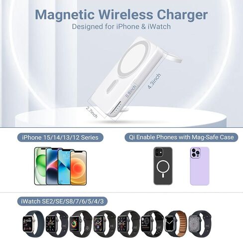 DDUAN 5000mah Mag-Safe Power Bank, Wireless Battery Pack with USB-C Cable, 2 in 1 Portable Phone Charger Watch Fast Charger Compatible with Phone 15/14/13/12, Apple Watch All Series (Black) in Saudi Arabia