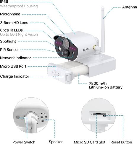 كاميرا مراقبة خارجية ZOSI C306 Pro 2K 3MP لاسلكية تعمل بالبطارية مع لوحة شمسية، رؤية ليلية ملونة، اكتشاف ذكي PIR، محادثة ثنائية الاتجاه، أضواء كاشفة وإنذار صفارات الإنذار، تخزين بطاقة Cloud/SD (بدون بطاقة SD) in Saudi Arabia