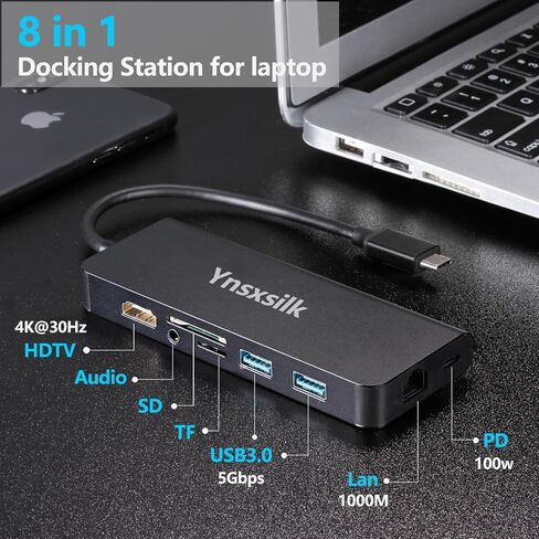 محور USB C، محول HDMI لمحطة الإرساء، محول متعدد المنافذ 8 في 1 مع منفذ USB 3.0، جيجابت إيثرنت، صوت، منفذ SD/TF، ​​منفذ USB-C/PD، جهاز كمبيوتر محمول من النوع C متوافق مع جهاز MacBook Pro Air iPad in Saudi Arabia