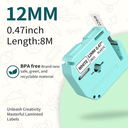 أشرطة ملصقات M960 من النايلون المرن FX3M21 أسود على أبيض 2pk، متوافقة مع Brother Ptouch PT-M95 PT-90 PT-70 PT-65 PT-85، 12 مم 0.47 بوصة، صانعي الملصقات Vixic M960 in Kuwait