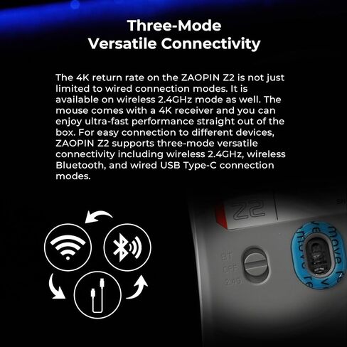 Zaopin Z2 Wireless Mouse, Swappable Gaming Cordless Mouse with Tri-Mode Bluetooth/ 2.4Ghz/ USB-C for PC, Laptop, Computer Esports Gamer (Black, 1K Version) in Saudi Arabia