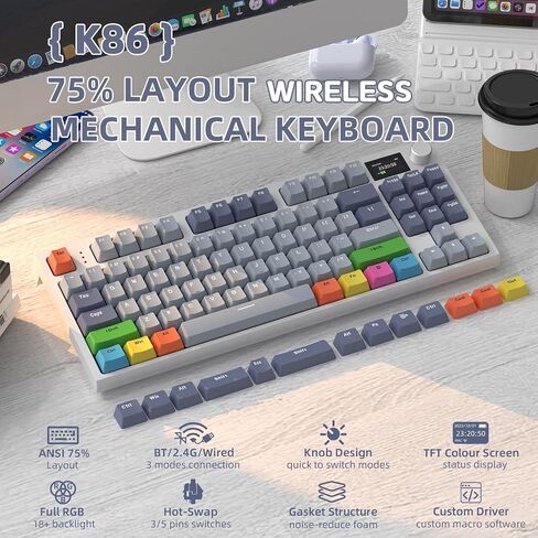 RK86 Mechanical Keyboard, 2.4G Wireless/BT5.0/USB-C Wired Gaming Keyboard 75% Layout TKL 87 Key with 1.2'' TFT HD Color Display & CNC Knob, 27 RGB Backlit TTC Hot-Swap Linear Switch PBT Keycap in Saudi Arabia