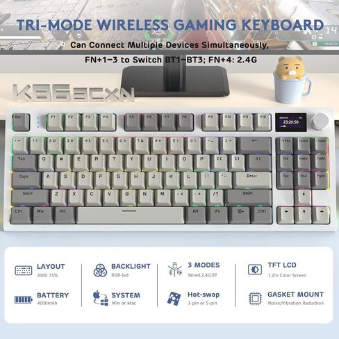 RK86 Mechanical Keyboard, 2.4G Wireless/BT5.0/USB-C Wired Gaming Keyboard 75% Layout TKL 87 Key with 1.2'' TFT HD Color Display & CNC Knob, 27 RGB Backlit TTC Hot-Swap Linear Switch PBT Keycap in Saudi Arabia