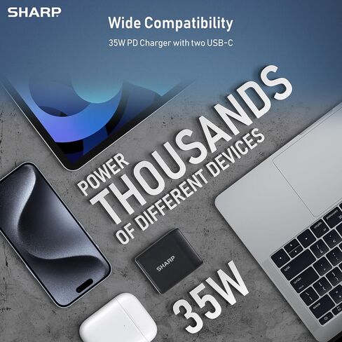 Sharp USB C Charger - 35W, Dual Port (2 USB-C) Compact Foldable GaN Fast Charge for iPhone 15/15 Pro/15 Pro Max/14/13/12, Pad Pro/AirPods and More, White in Saudi Arabia