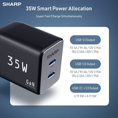 Sharp USB C Charger - 35W, Dual Port (2 USB-C) Compact Foldable GaN Fast Charge for iPhone 15/15 Pro/15 Pro Max/14/13/12, Pad Pro/AirPods and More, White in Saudi Arabia