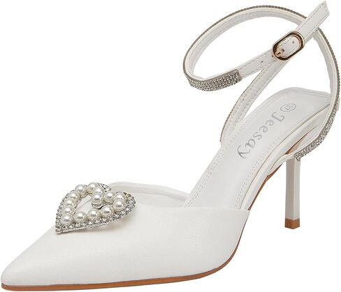Women's Pointed Toe Heart Pearls Slingback Pumps Ankle Strap with Rhinestone Stiletto Heels Sandals Wedding Bridal Shoes in Saudi Arabia