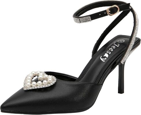 Women's Pointed Toe Heart Pearls Slingback Pumps Ankle Strap with Rhinestone Stiletto Heels Sandals Wedding Bridal Shoes in Saudi Arabia