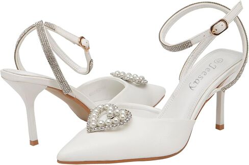 Women's Pointed Toe Heart Pearls Slingback Pumps Ankle Strap with Rhinestone Stiletto Heels Sandals Wedding Bridal Shoes in Saudi Arabia