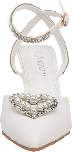 Women's Pointed Toe Heart Pearls Slingback Pumps Ankle Strap with Rhinestone Stiletto Heels Sandals Wedding Bridal Shoes in Saudi Arabia