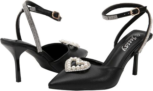 Women's Pointed Toe Heart Pearls Slingback Pumps Ankle Strap with Rhinestone Stiletto Heels Sandals Wedding Bridal Shoes in Saudi Arabia