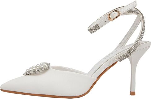 Women's Pointed Toe Heart Pearls Slingback Pumps Ankle Strap with Rhinestone Stiletto Heels Sandals Wedding Bridal Shoes in Saudi Arabia