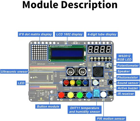 مجموعة KEYESTUDIO Inventor Starter Kit لـ Arduino ESP32، تأتي الأجهزة متصلة مسبقًا، سهلة البدء في الترميز والإلكترونيات، 30 مشروعًا، 15 وحدة، مجموعة تعليمية للعلوم والتكنولوجيا والهندسة والرياضيات للبالغين والمراهقين in Kuwait