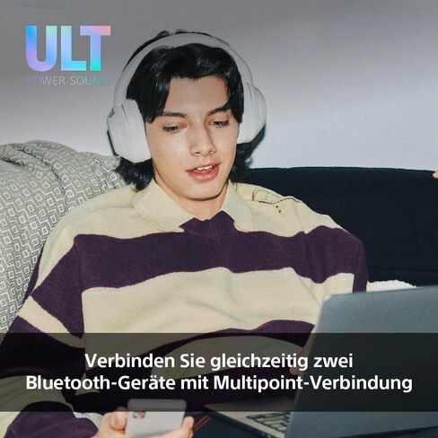 سماعات رأس سوني ULT WEAR فوق الأذن اللاسلكية المانعة للضوضاء مع صوت ULT، صوت جهير هائل، جودة مكالمات واضحة، عمر بطارية يصل إلى 30 ساعة، مساعد Alexa وGoogle، IOS وAndroid (أبيض فاتح) in Saudi Arabia