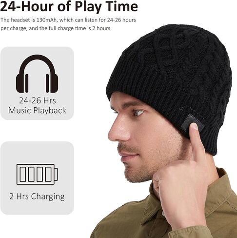 Bluetooth Beanie, Bluetooth 5.2 Wool Hat HD Stereo,24 Hours Play Time,Built-in Microphone, Men's/Women's Christmas Electronic (Black) in Saudi Arabia