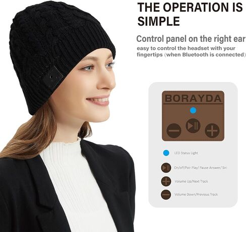 Bluetooth Beanie, Bluetooth 5.2 Wool Hat HD Stereo,24 Hours Play Time,Built-in Microphone, Men's/Women's Christmas Electronic (Black) in Saudi Arabia