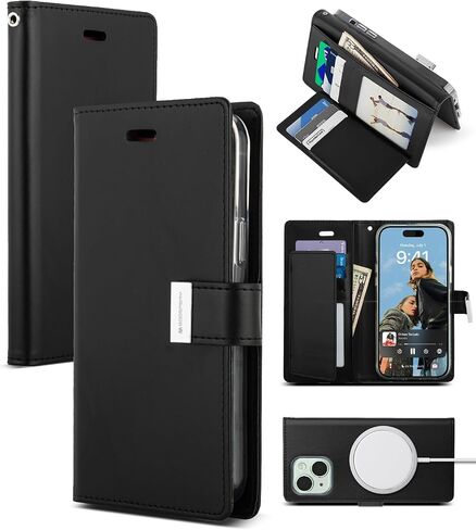 GOOSPERY Rich Wallet Compatible with iPhone 15, Extra Card Slot Flap Functional & Fashionable Stylish PU Leather Flip Card Holder Phone Cover - Black in Saudi Arabia