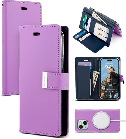 محفظة GOOSPERY Rich Wallet متوافقة مع iPhone 15، غطاء هاتف مزود بفتحة إضافية للبطاقات، غطاء هاتف عملي وعصري مصنوع من جلد البولي يوريثان - أسود in Kuwait