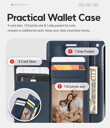 محفظة GOOSPERY Rich Wallet متوافقة مع iPhone 15، غطاء هاتف مزود بفتحة إضافية للبطاقات، غطاء هاتف عملي وعصري مصنوع من جلد البولي يوريثان - أسود in Kuwait