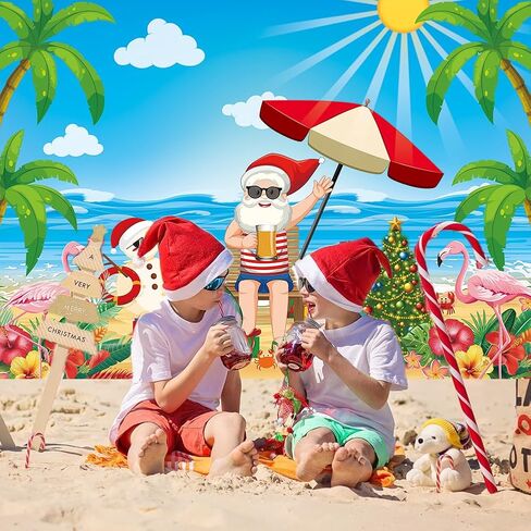 Christmas July Backdrop July Christmas Party Decoration Tropical Beach Christmas Photography Background Summer Santa Snowman Holiday Party Decoration (7x5) in Saudi Arabia