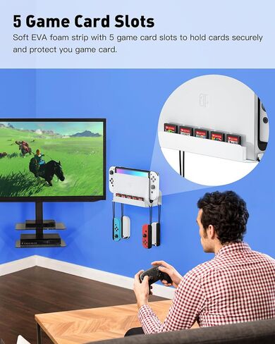 Wall Mount for Nintendo Switch 1 and Switch OLED, Metal Wall Mount Shelf Kit with 5 Game Card Holders and 4 Joy Con Hooks, Safely Store Switch Console Near or Behind TV, Black in Kuwait