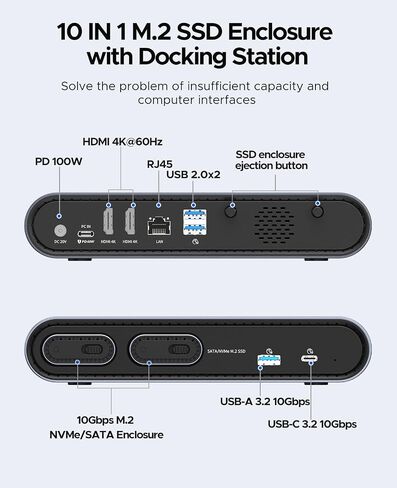 موزع ORICO USB C مع حاوية M.2، محطة إرساء USB C 10 في 1 تناسب M.2 NVMe/SATA، 10 جيجابت في الثانية USB-A، 10 جيجابت في الثانية USB-C، 4K@60 هرتز HDMI، إيثرنت، مقبس صوت 3.5 مم in Saudi Arabia