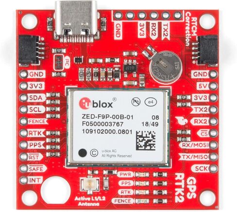 SparkFun GPS-RTK2 Board - ZED-F9P (Qwiic) High-precision breakout No soldering required Breadboardable Contains a Rechargeable backup battery allowing a Warm-start decreasing time-to-first-fix in Saudi Arabia