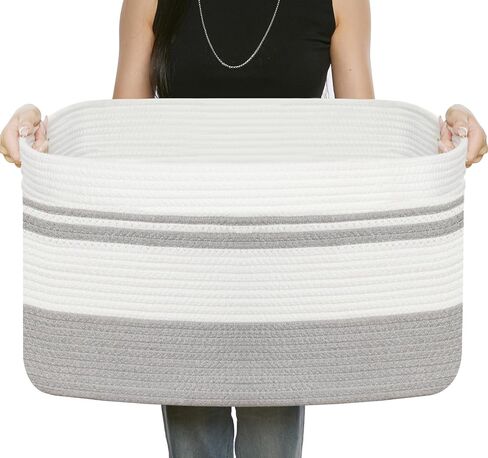 Large Rectangular Cotton Rope Storage Basket - 82L- Ideal for Toy Storage, Blankets, Laundry, Woven Organizer for Living Room, Bedroom - 22"x17"x12"（White & Khaki） in Saudi Arabia