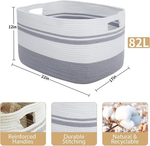 Large Rectangular Cotton Rope Storage Basket - 82L- Ideal for Toy Storage, Blankets, Laundry, Woven Organizer for Living Room, Bedroom - 22"x17"x12"（White & Khaki） in Saudi Arabia