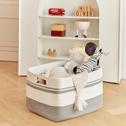 Large Rectangular Cotton Rope Storage Basket - 82L- Ideal for Toy Storage, Blankets, Laundry, Woven Organizer for Living Room, Bedroom - 22"x17"x12"（White & Khaki） in Saudi Arabia