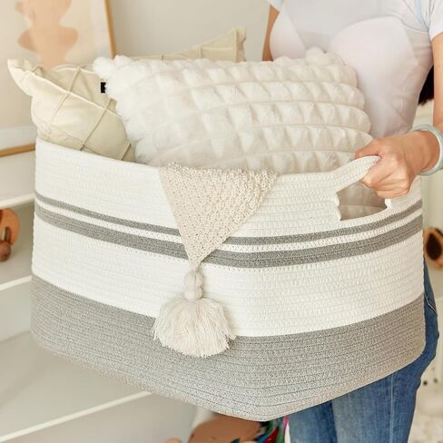 Large Rectangular Cotton Rope Storage Basket - 82L- Ideal for Toy Storage, Blankets, Laundry, Woven Organizer for Living Room, Bedroom - 22"x17"x12"（White & Khaki） in Saudi Arabia