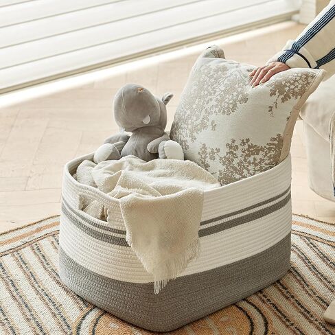 Large Rectangular Cotton Rope Storage Basket - 82L- Ideal for Toy Storage, Blankets, Laundry, Woven Organizer for Living Room, Bedroom - 22"x17"x12"（White & Khaki） in Saudi Arabia