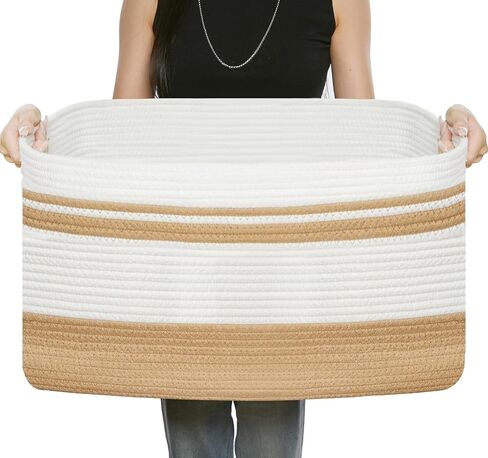 Large Rectangular Cotton Rope Storage Basket - 82L- Ideal for Toy Storage, Blankets, Laundry, Woven Organizer for Living Room, Bedroom - 22"x17"x12"（White & Khaki） in Saudi Arabia