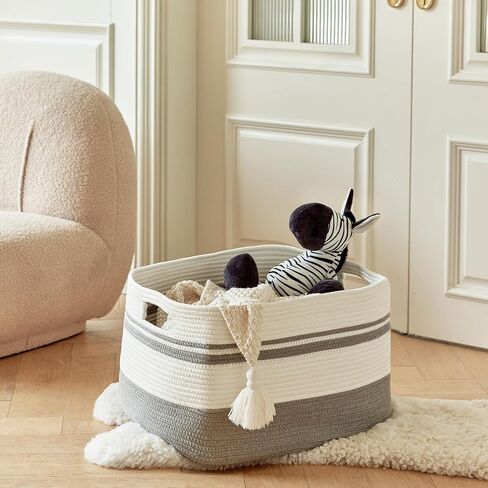 Large Rectangular Cotton Rope Storage Basket - 82L- Ideal for Toy Storage, Blankets, Laundry, Woven Organizer for Living Room, Bedroom - 22"x17"x12"（White & Khaki） in Saudi Arabia