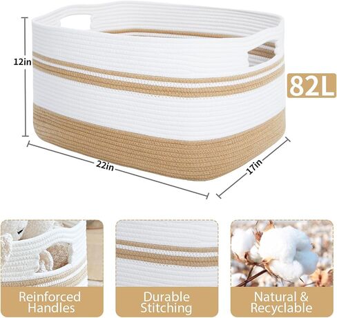 Large Rectangular Cotton Rope Storage Basket - 82L- Ideal for Toy Storage, Blankets, Laundry, Woven Organizer for Living Room, Bedroom - 22"x17"x12"（White & Khaki） in Saudi Arabia