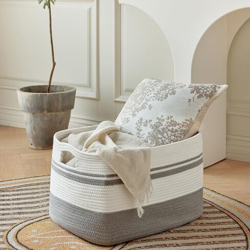 Large Rectangular Cotton Rope Storage Basket - 82L- Ideal for Toy Storage, Blankets, Laundry, Woven Organizer for Living Room, Bedroom - 22"x17"x12"（White & Khaki） in Saudi Arabia