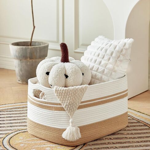 Large Rectangular Cotton Rope Storage Basket - 82L- Ideal for Toy Storage, Blankets, Laundry, Woven Organizer for Living Room, Bedroom - 22"x17"x12"（White & Khaki） in Saudi Arabia