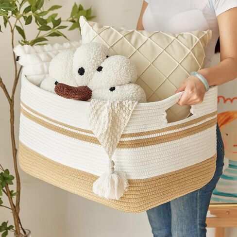 Large Rectangular Cotton Rope Storage Basket - 82L- Ideal for Toy Storage, Blankets, Laundry, Woven Organizer for Living Room, Bedroom - 22"x17"x12"（White & Khaki） in Saudi Arabia
