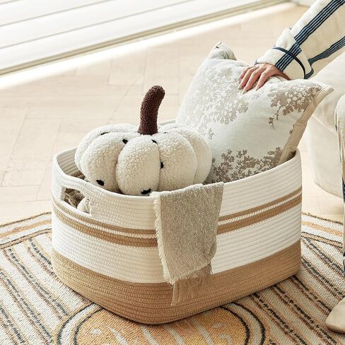 Large Rectangular Cotton Rope Storage Basket - 82L- Ideal for Toy Storage, Blankets, Laundry, Woven Organizer for Living Room, Bedroom - 22"x17"x12"（White & Khaki） in Saudi Arabia