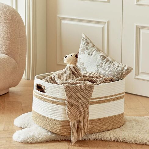 Large Rectangular Cotton Rope Storage Basket - 82L- Ideal for Toy Storage, Blankets, Laundry, Woven Organizer for Living Room, Bedroom - 22"x17"x12"（White & Khaki） in Saudi Arabia