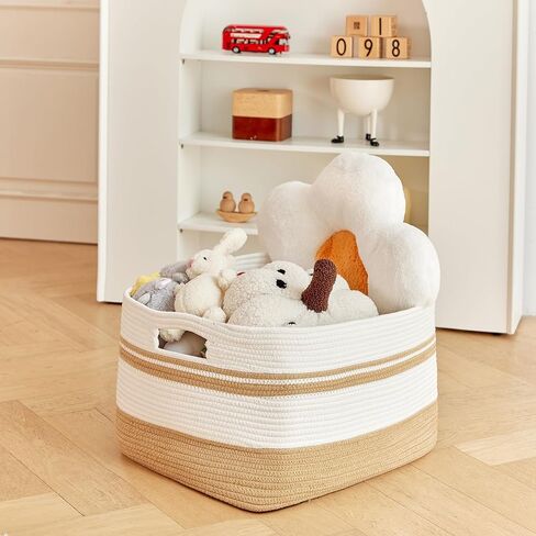 Large Rectangular Cotton Rope Storage Basket - 82L- Ideal for Toy Storage, Blankets, Laundry, Woven Organizer for Living Room, Bedroom - 22"x17"x12"（White & Khaki） in Saudi Arabia
