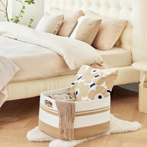 Large Rectangular Cotton Rope Storage Basket - 82L- Ideal for Toy Storage, Blankets, Laundry, Woven Organizer for Living Room, Bedroom - 22"x17"x12"（White & Khaki） in Saudi Arabia