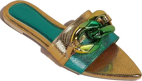 Women's Pointed Open Toe Flat Sandals with Chunky Chain Decor Slip-on Non Slip Beach Slides Sandals Casual Breathable Walking Slippers in Saudi Arabia