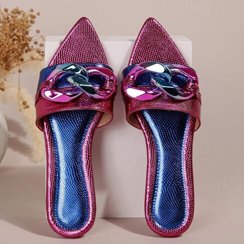 Women's Pointed Open Toe Flat Sandals with Chunky Chain Decor Slip-on Non Slip Beach Slides Sandals Casual Breathable Walking Slippers in Saudi Arabia